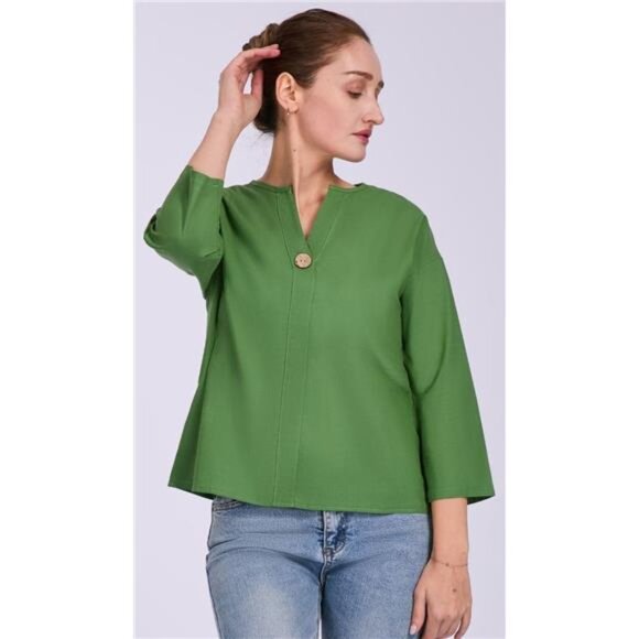Women’s Linen Shirt – Loose Fit Split V-Neck Blouse with Buttons